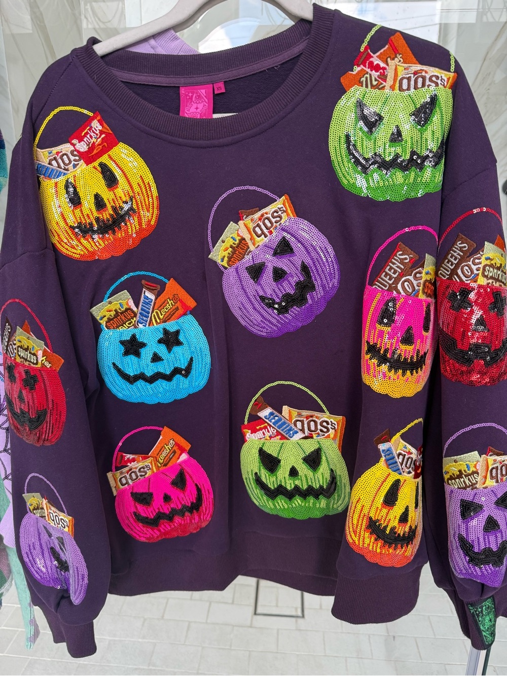 QUEEN OF SPARKLES Purple Halloween Candy Pumpkin Sweater